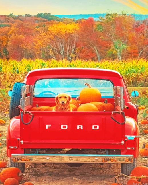 Dog And Pumpkins In A Red Truck New Painting By Numberss.png
