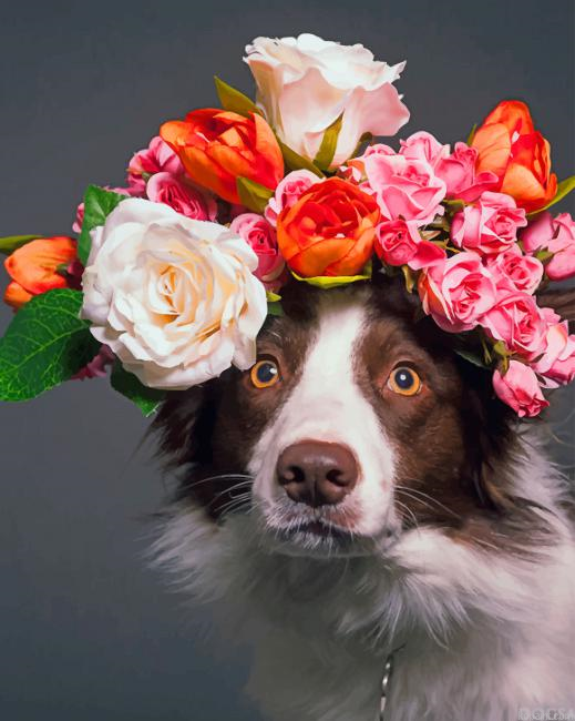 Dog With Colored Flowers Crown New Painting By Numberss.png