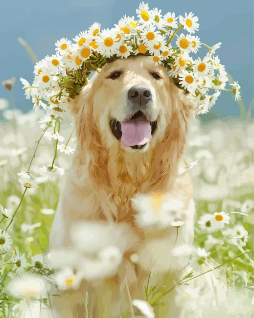 Dog With White Flowers Paint By Numbers