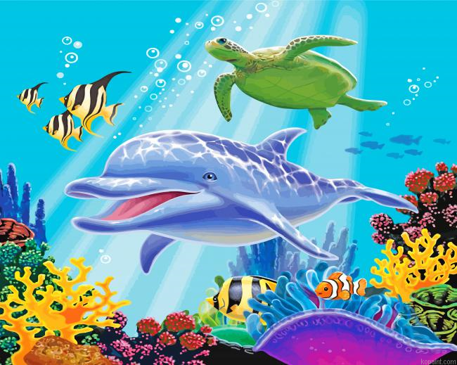 Dolphin And Turtle Under Sea Painting By Numberss.png
