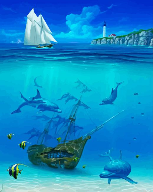 Dolphines Around Shipwreck Painting By Numberss.png