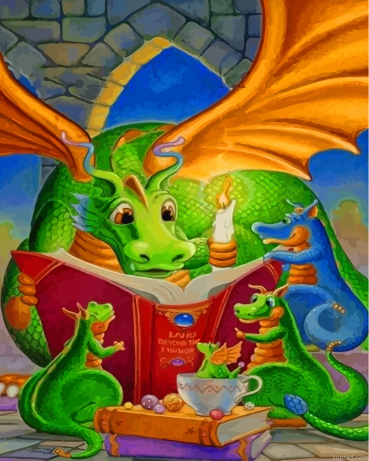 Dragon Reading A Story To His Babies Paint By Numbers