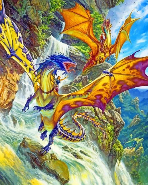 Dragons By Waterfall Painting By Numberss.png
