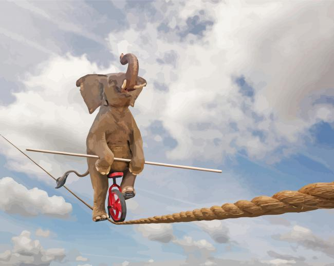 Elephant With Unicycle On A Tightrope Painting By Numberss.png