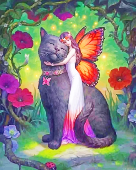 Fairy Butterfly Hugging A Black Cat New Painting By Numberss.png