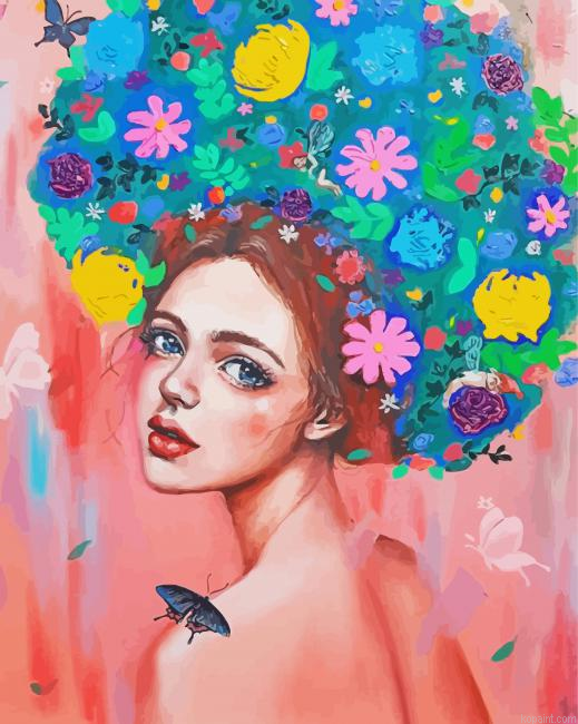 Floral Art Girl And Butterfly Painting By Numberss.png
