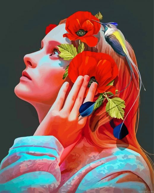 Floral Lady With Bird Painting By Numberss.png