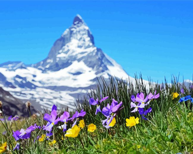 Flowers And Mountains In Switzerland Painting By Numberss.png