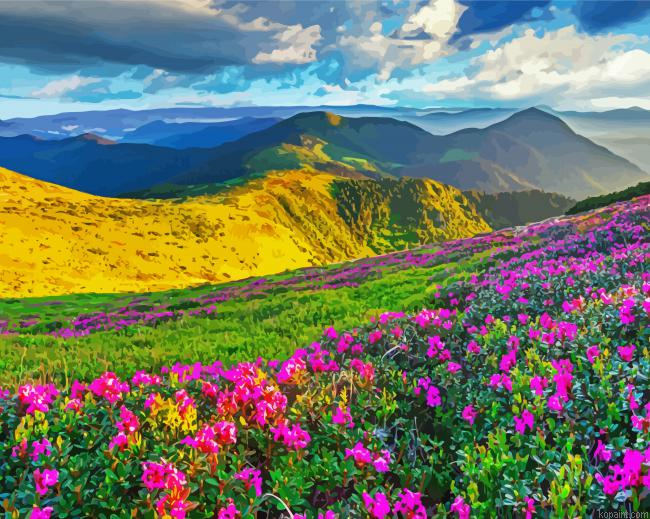 Flowers And Mountains Landscape Painting By Numberss.png