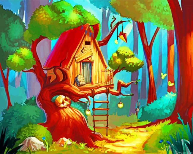 Forest Tree House Painting By Numberss.png