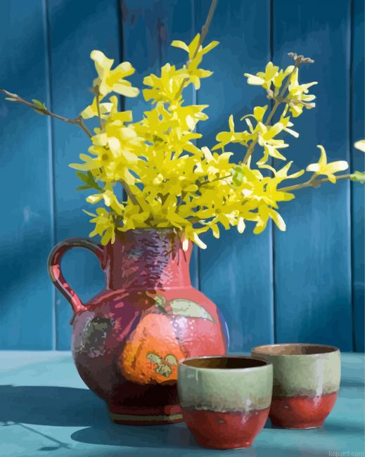 Forsythia Pottery Vase Paint By Numbers