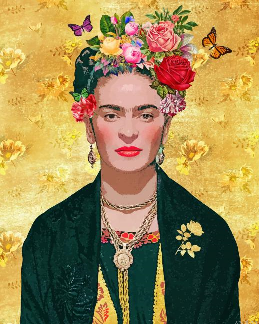 Frida With Flowers And Butterflies Painting By Numberss.png