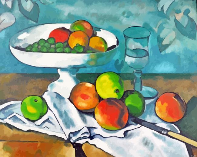 Fruit Bowl Glass And Apples Cezanne Painting By Numberss.png