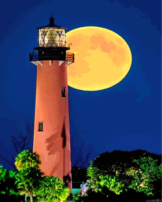 Full Moon Behind Jupited Lighthouse Paint By Numbers