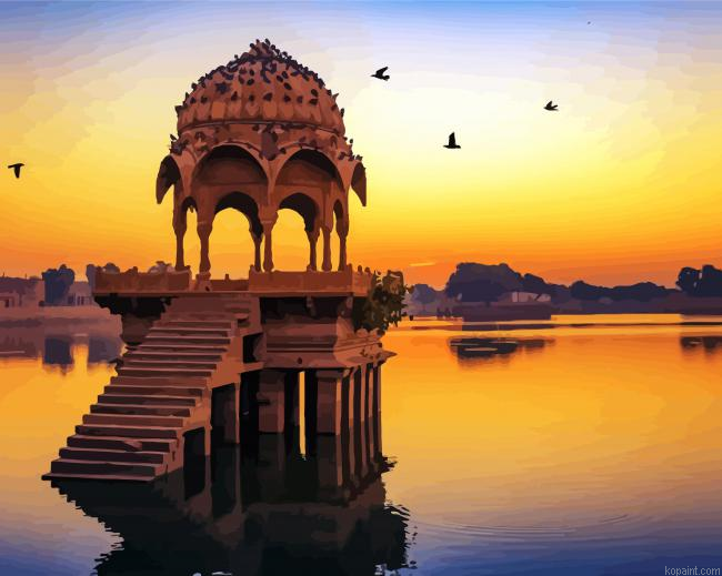 Gadisar Lake Indian At Sunset Painting By Numberss.png