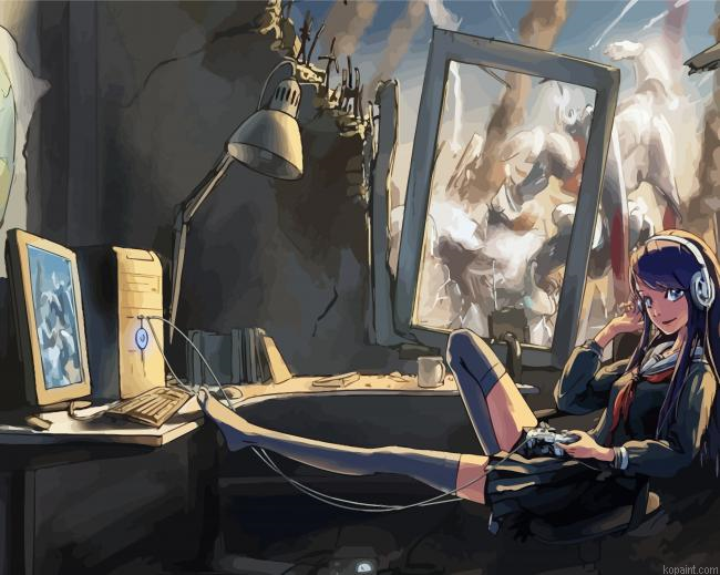 Gamer Girl Playing Painting By Numberss.png