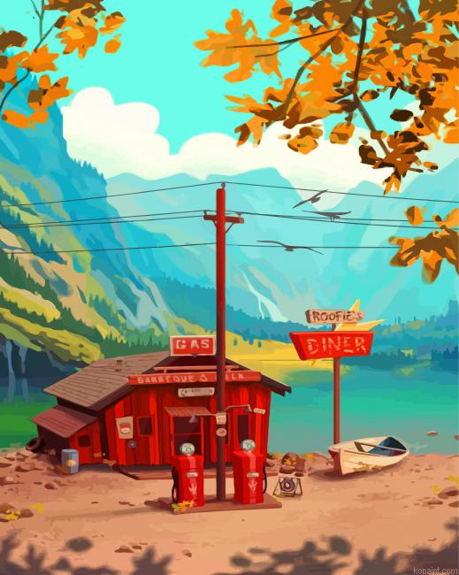 Gas Station By Lake Painting By Numberss.png