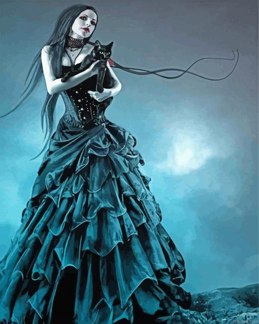Ghotic Woman And Cat Painting By Numberss.png