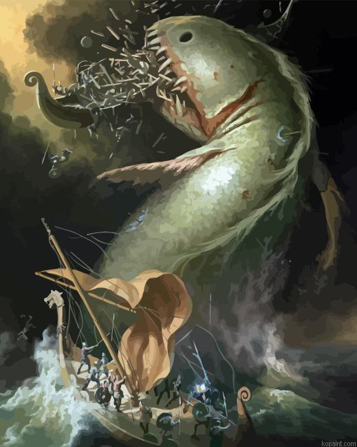 Giant Fish Attaching Boats Art Painting By Numberss.png