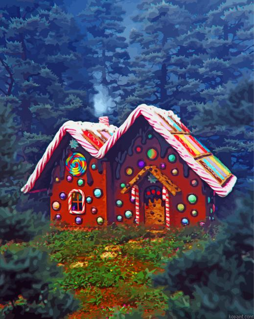 Gingerbread House In Forest Painting By Numberss.png