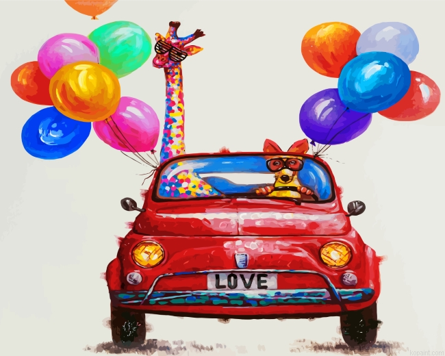 Giraffe And Dog In Car Painting By Numberss.png