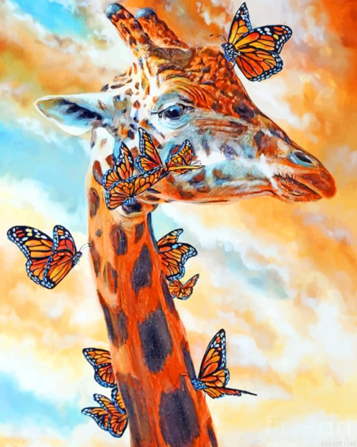 Giraffe And Monarch Butterflies Painting By Numberss.png