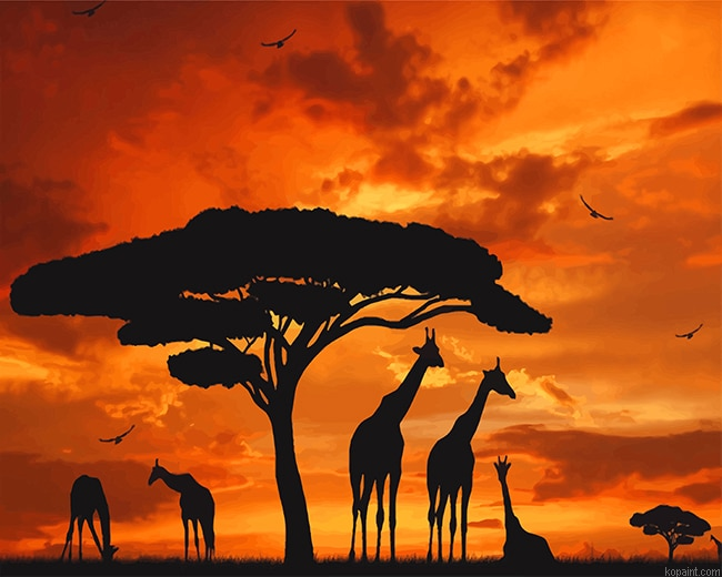Giraffes Silhouette Sunset New Painting By Numberss.png