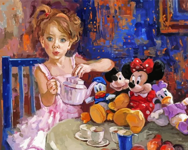 Girl And Tea With Puppets Painting By Numberss.png