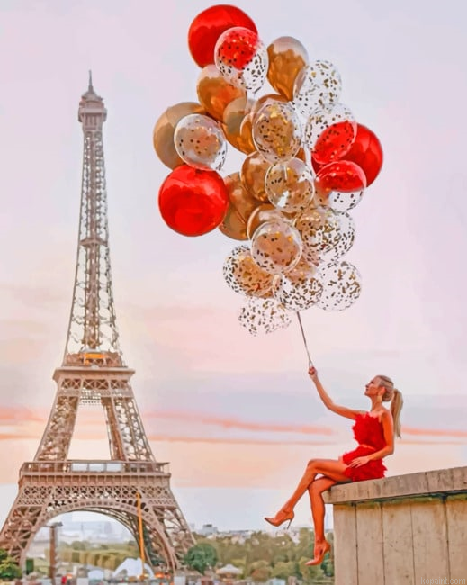 Girl Holding Balloons In Eiffel Tower New Painting By Numberss.png