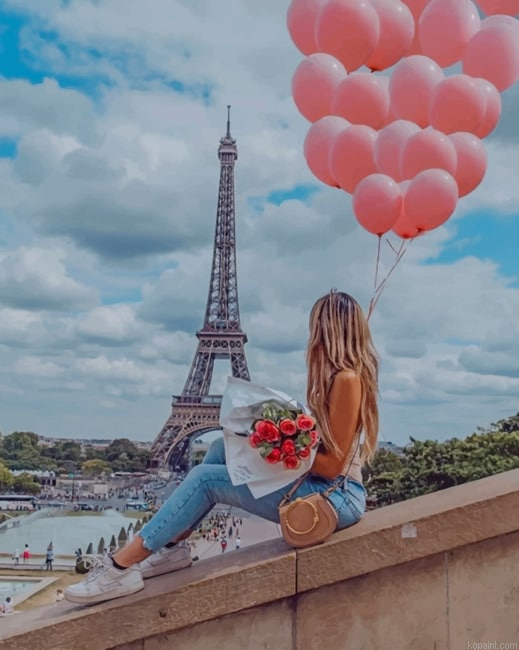 Girl Holding Pink Balloons In Paris New Painting By Numberss.png