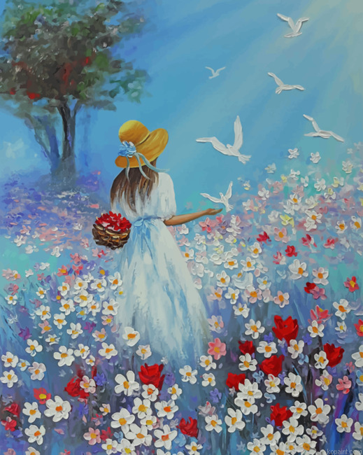 Girl In Flowers Garden Art Painting By Numberss.png