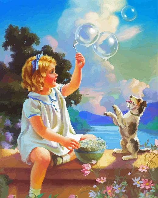 Girl Playing With Bubbles And Dog Painting By Numberss.png