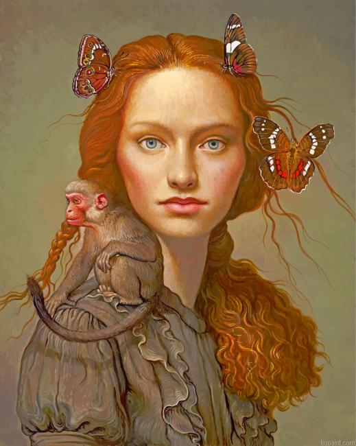 Girl With Butterflies And Monkey Paint By Numbers