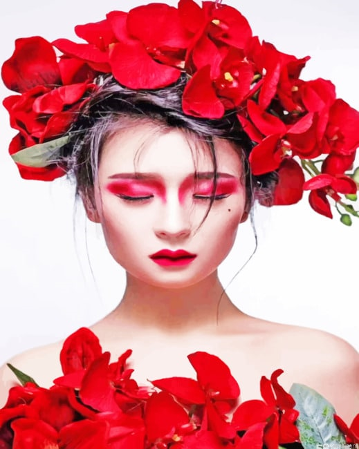 Girl With Red Flowers In Hair New Painting By Numberss.png