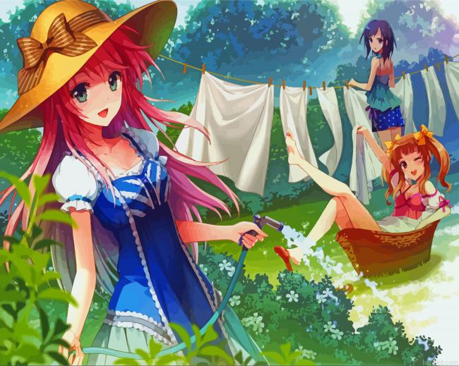 Girl With Water Hose In Garden Painting By Numberss.png