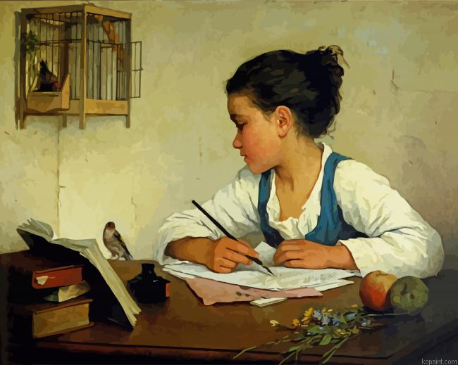 Girl Writing Art Painting By Numberss.png
