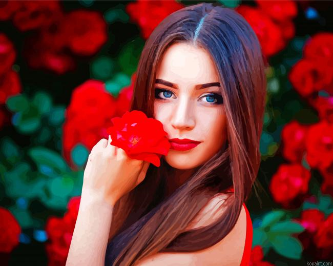 Gorgeous Woman With Red Flower Painting By Numberss.png