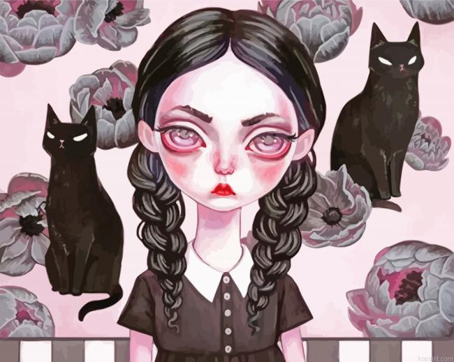 Goth Little Girl And Black Cats Painting By Numberss.png