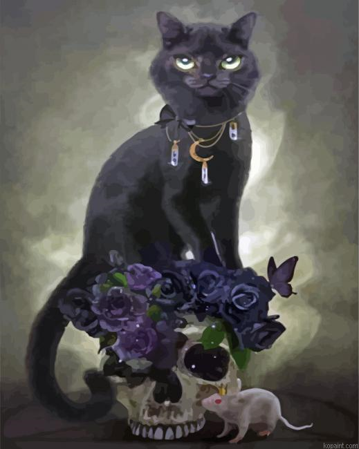 Gothic Cat On Skull Head Painting By Numberss.png