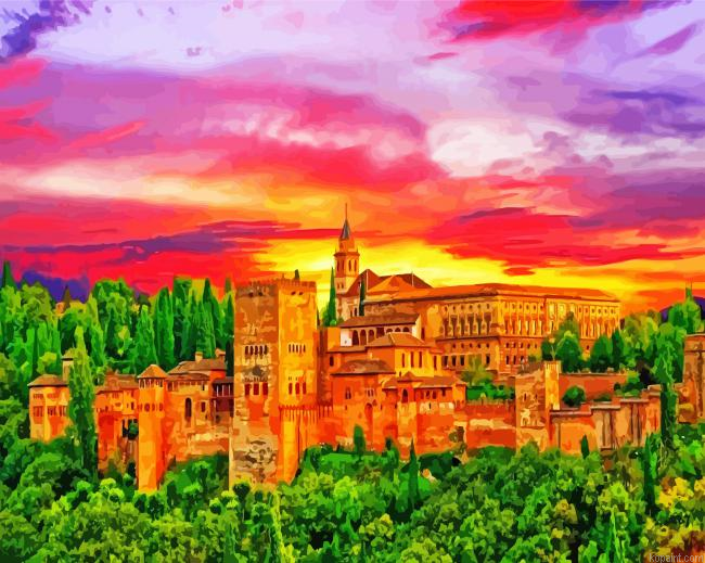 Granada Alhambra Palace At Sunset Painting By Numberss.png