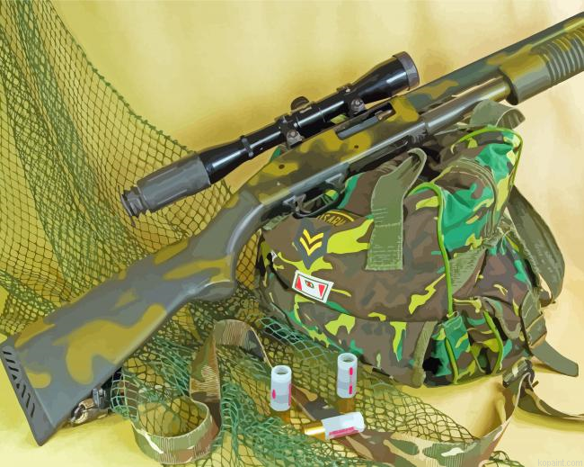 Green Rifle With Scope And Bag Hunting Equipement Painting By Numberss.png