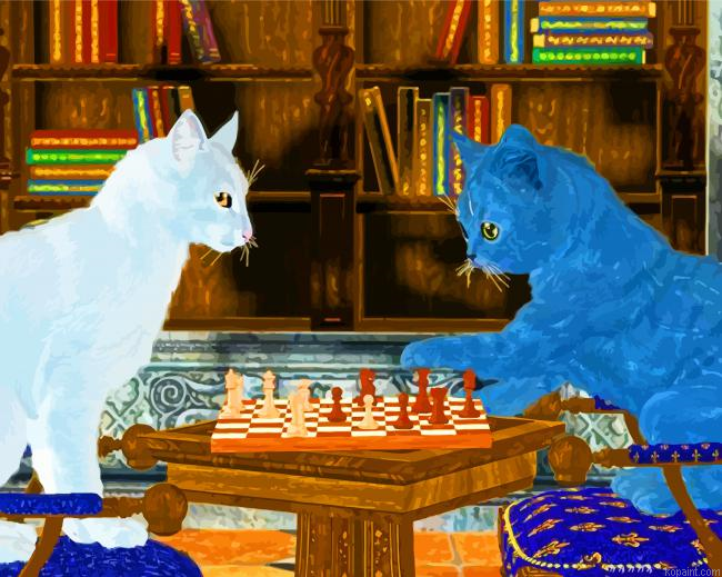 Grey And White Cats Playing Chess Painting By Numberss.png