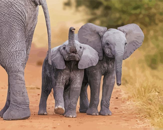 Grey Elephant And Two Babies Painting By Numberss.png