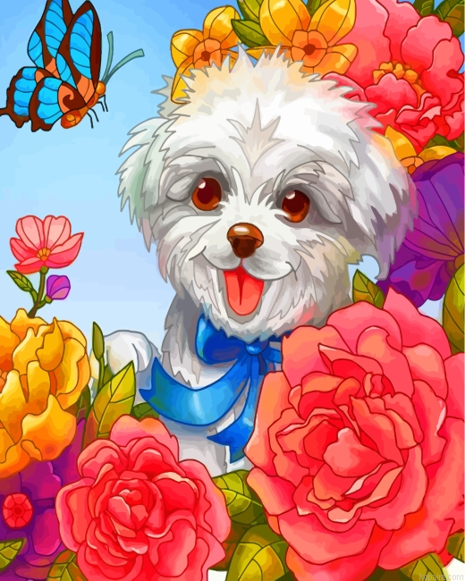 Happy Dog And Flowers Painting By Numberss.png