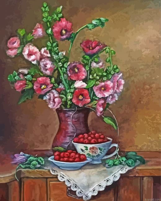 Hollyhocks Vase Still Life Painting By Numberss.png