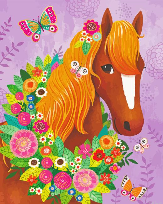 Horse With Butterflies And Flowers Painting By Numberss.png