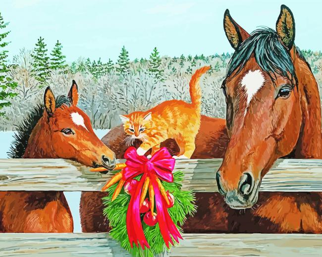 Horses At Fence With Cat Painting By Numberss.png