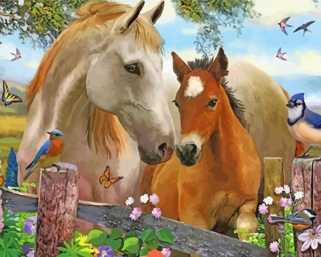 Horses With Birds And Flowers Painting By Numberss.png