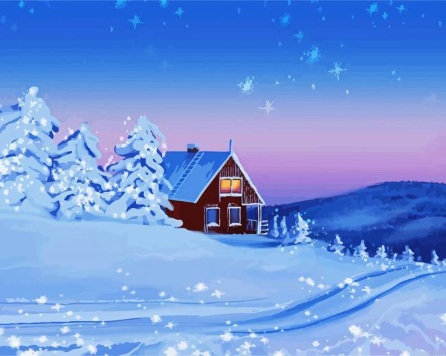 House Snow Winter Landscape Painting By Numberss.png