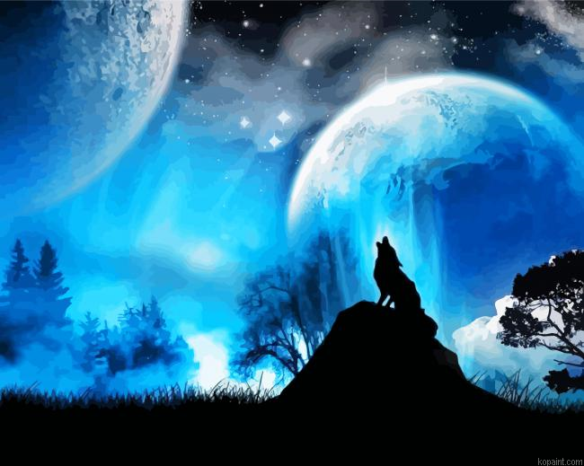Howling Wolf Full Moon Blue Sky Painting By Numberss.png